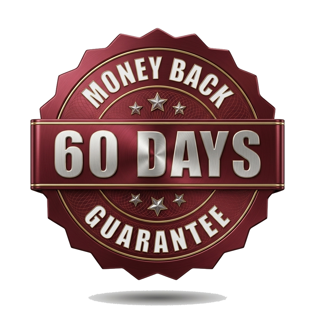 A premium metallic red and gold trust seal stating '60 DAYS MONEY BACK GUARANTEE' in silver letters, with decorative stars. Suitable for e-commerce satisfaction guarantee.