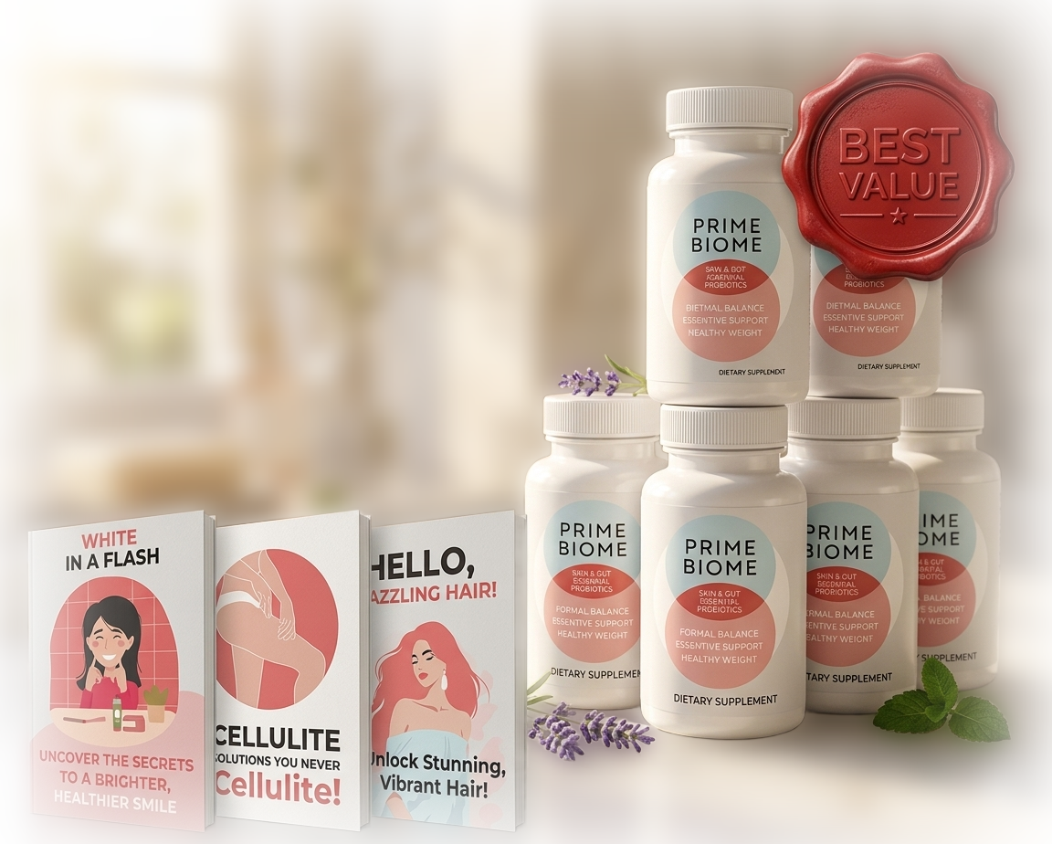 PrimeBiome Skin and Gut Essential Probiotics bottle with natural botanical ingredients.