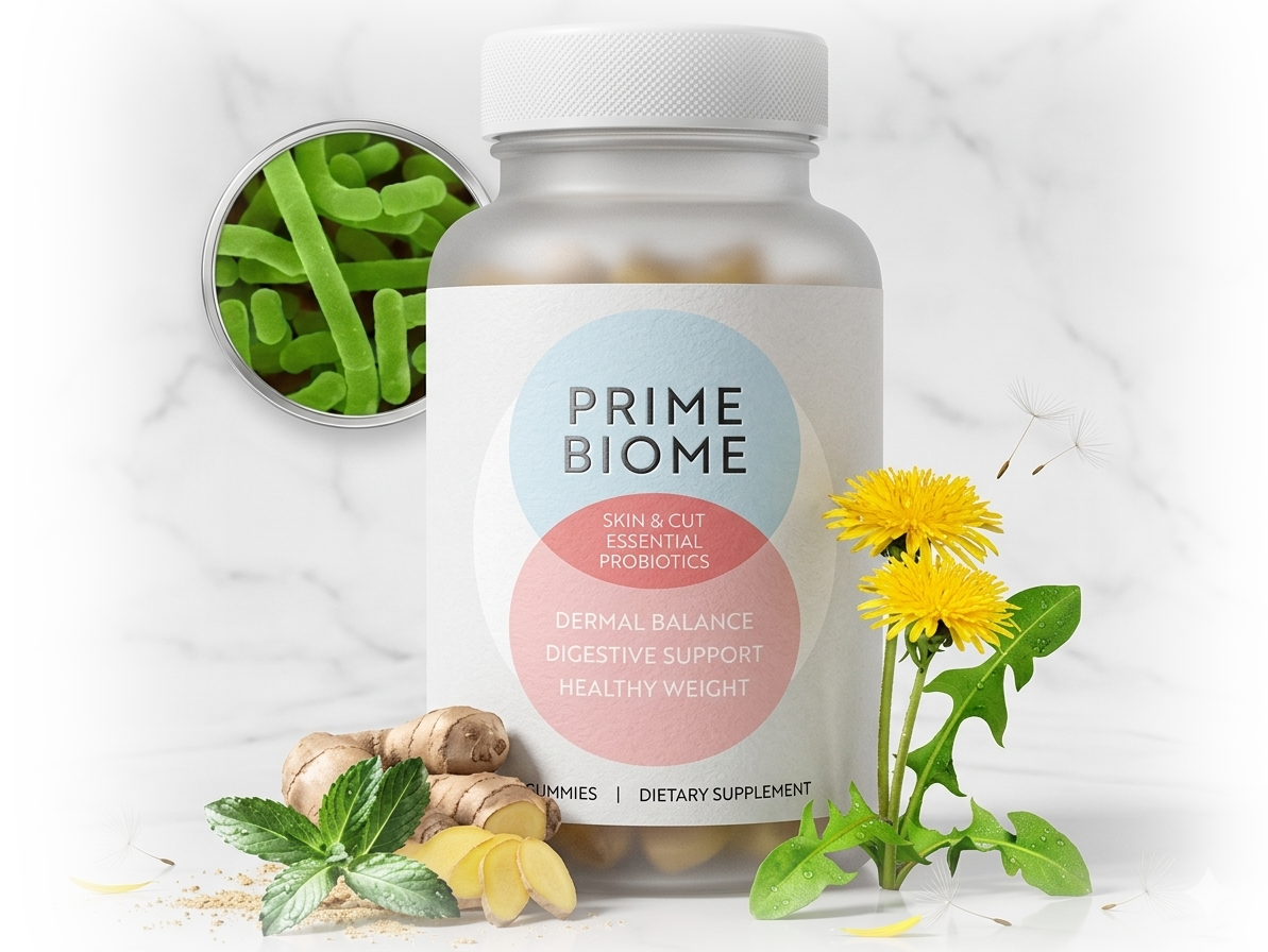 Prime Biome dietary supplement gummies for skin and gut health, featuring ginger, mint, and dandelion ingredients.