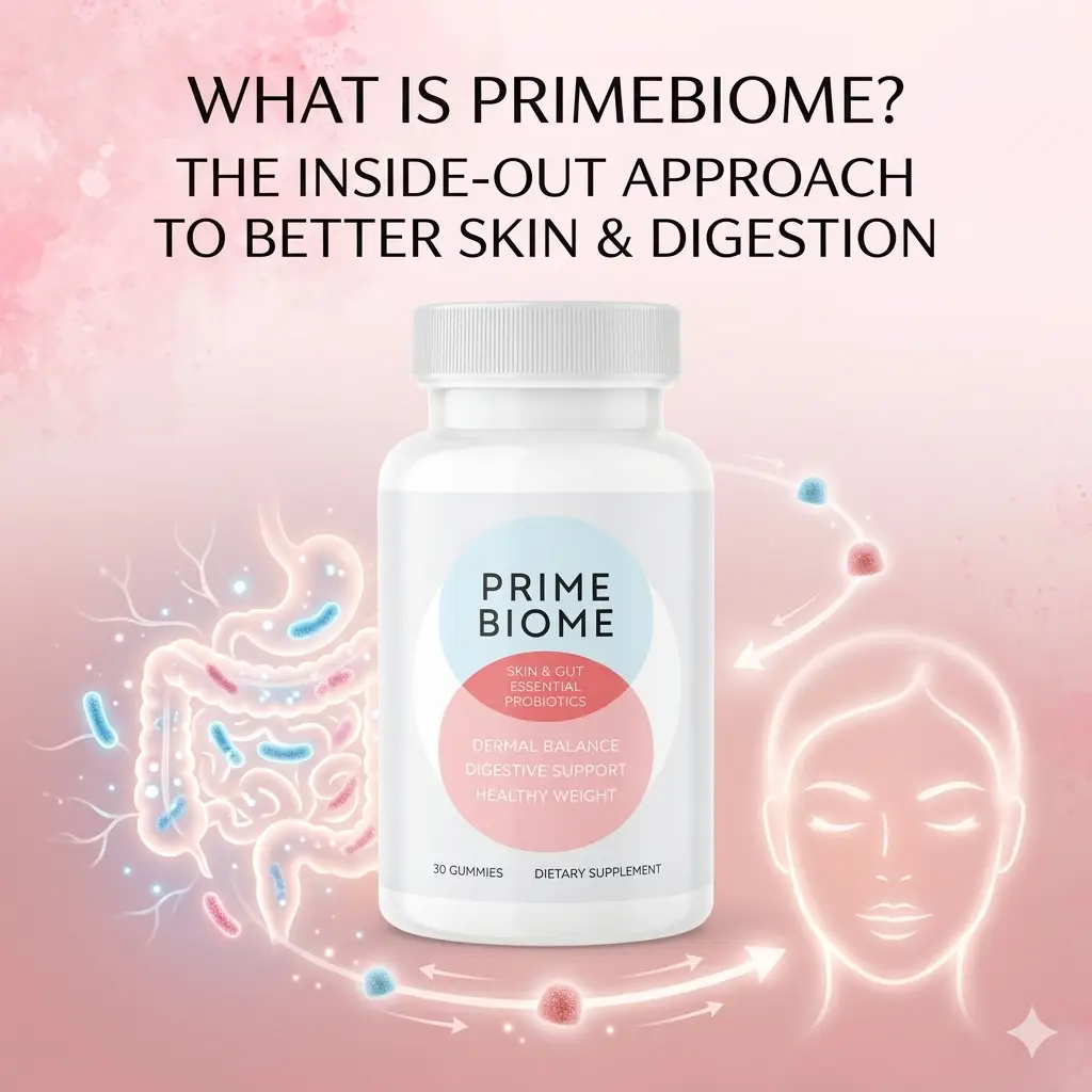 primeBiome Skin & Gut Essential Probiotics bottle with infographics illustrating the inside-out approach for healthy skin and digestive support.
