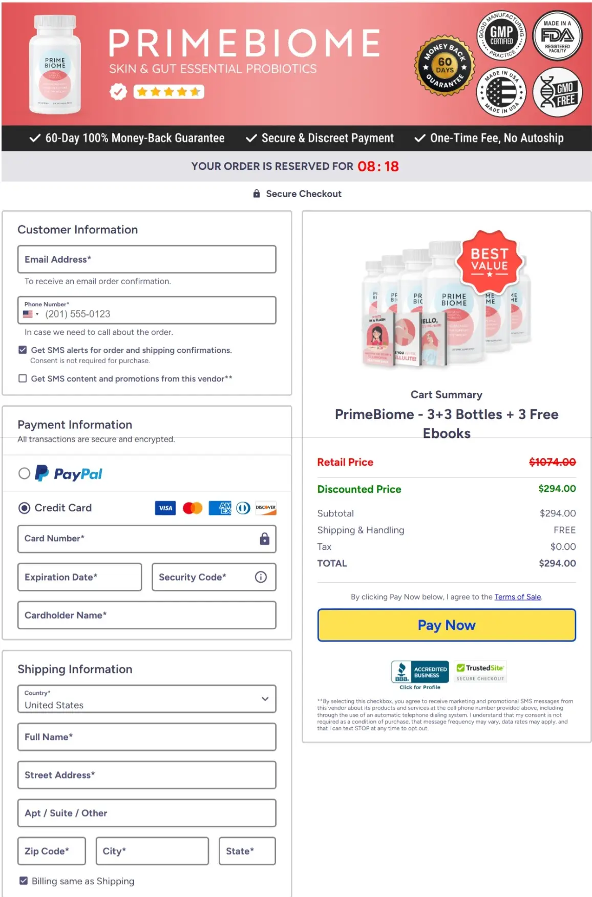 Secure checkout page for PrimeBiome Skin and Gut Essential Probiotics with 60-day money-back guarantee.