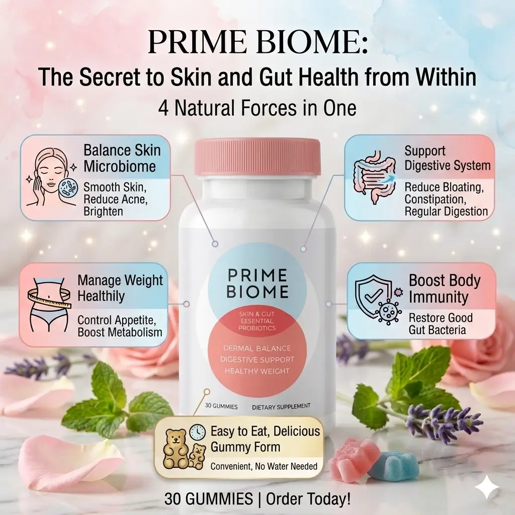 "Infographic of Prime Biome Skin and Gut Health Probiotic Gummies showing benefits for balancing skin microbiome, supporting digestive system, weight management, and boosting body immunity."