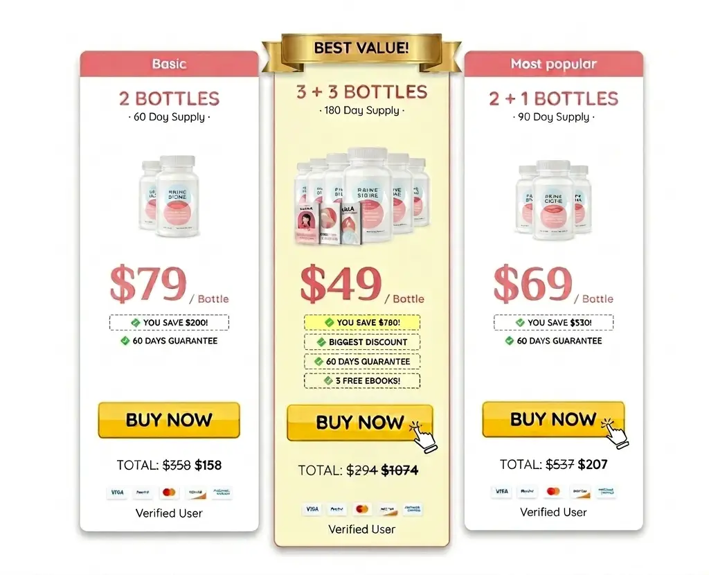 PrimeBiome supplement pricing tiers showing 2, 3, and 6-bottle discount packages with a 60-day money-back guarantee.