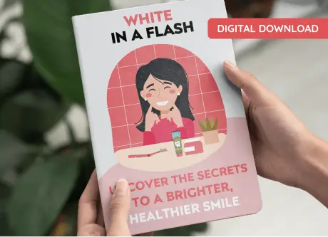 Digital download ebook cover "White in a Flash" by primeBiome, featuring secrets for a brighter, healthier smile and oral microbiome care.